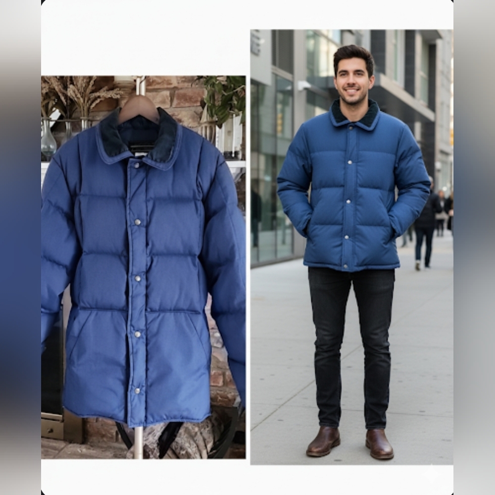 Vintage Eddie Bauer Goose Down Made in USA Quilted Puffer Jacket Blue Sz M TALL